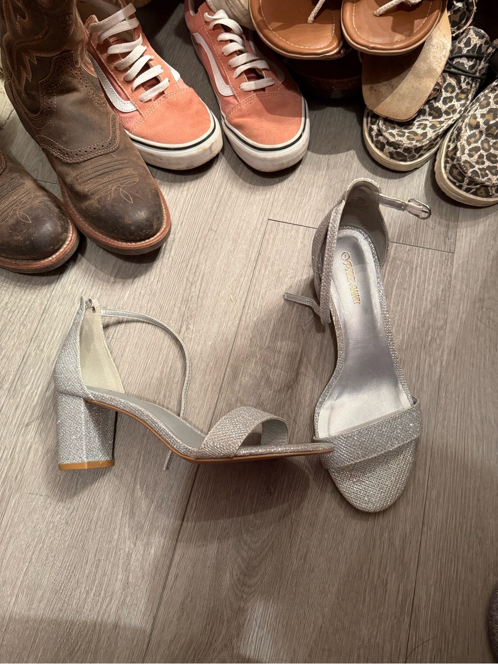 Glitter Block Heel Sandals in Silver with Ankle Strap